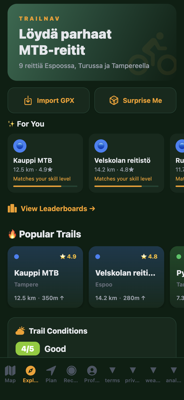 TrailNav app explore view with AI-powered trail recommendations